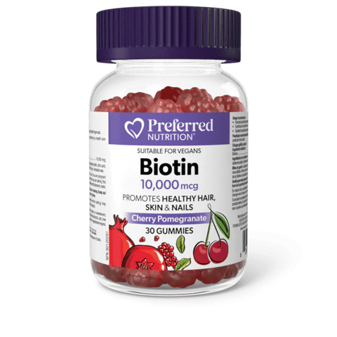 Preferred Nutrition Biotin is a hair, skin, and nail supplement delivered in delicious, cherry-pomegranate-flavoured, vegan gummies.