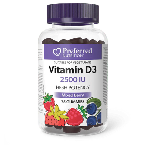 Preferred Nutrition Vitamin D3 2500 IU features high-potency vegetarian gummies to help prevent vitamin D deficiency.